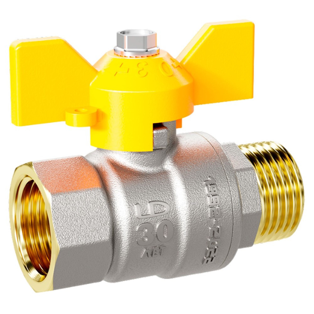 Кран шаровой латунный для газа LD Pride 47.32.В-Н.Б GAS Ду32 Ру25 (бабочка с бир.)