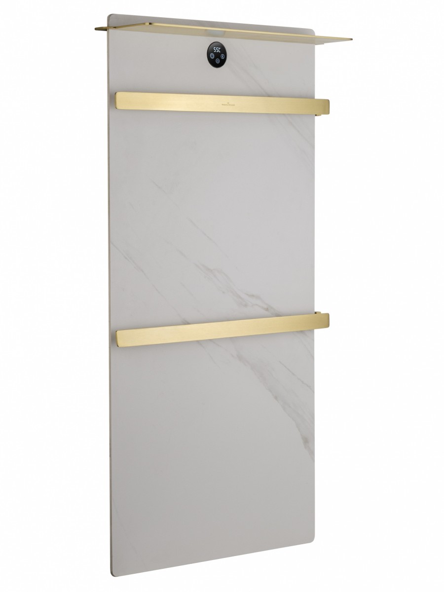 Электрический полотенцесушитель Wonzon&Woghand Stuttgart WW-A504W-BG 806*430 мм (брашированное золото) с каменной плитой белый мрамор