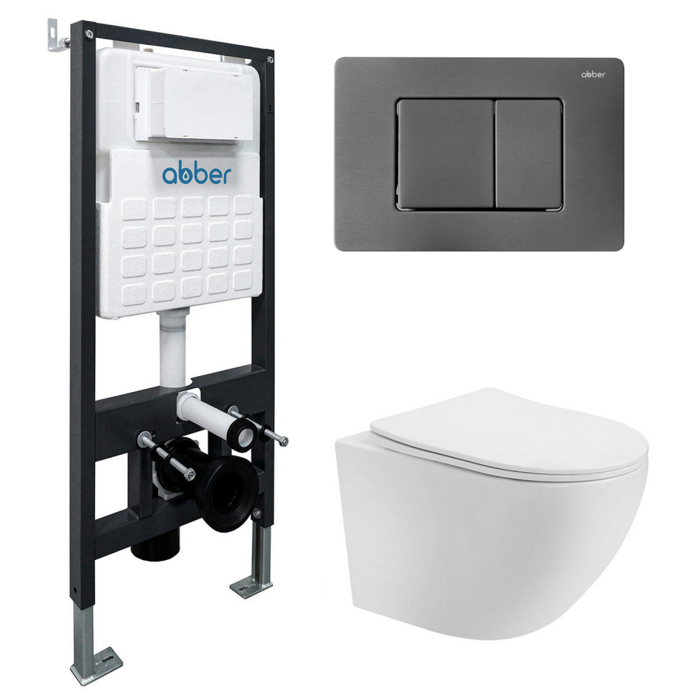 Комплект унитаза с инсталляцией​​​​​​​ Abber Bequem AC1100-AC0105-AC0120NG (цвет клавиши оружейная сталь)