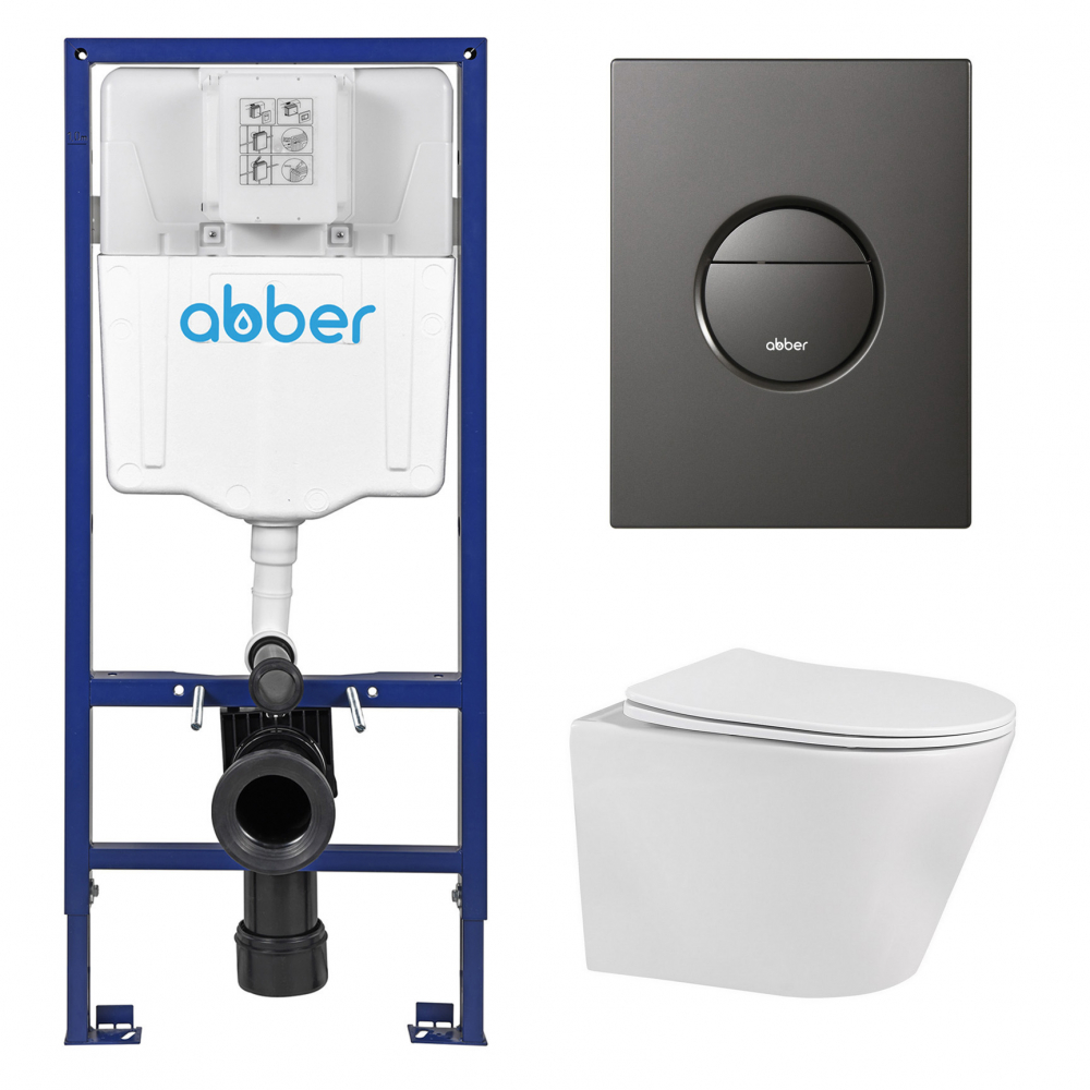 Комплект унитаза с инсталляцией​​​​​​​ Abber Bequem AC1102-AC0108-AC0126NG (цвет клавиши оружейная сталь)