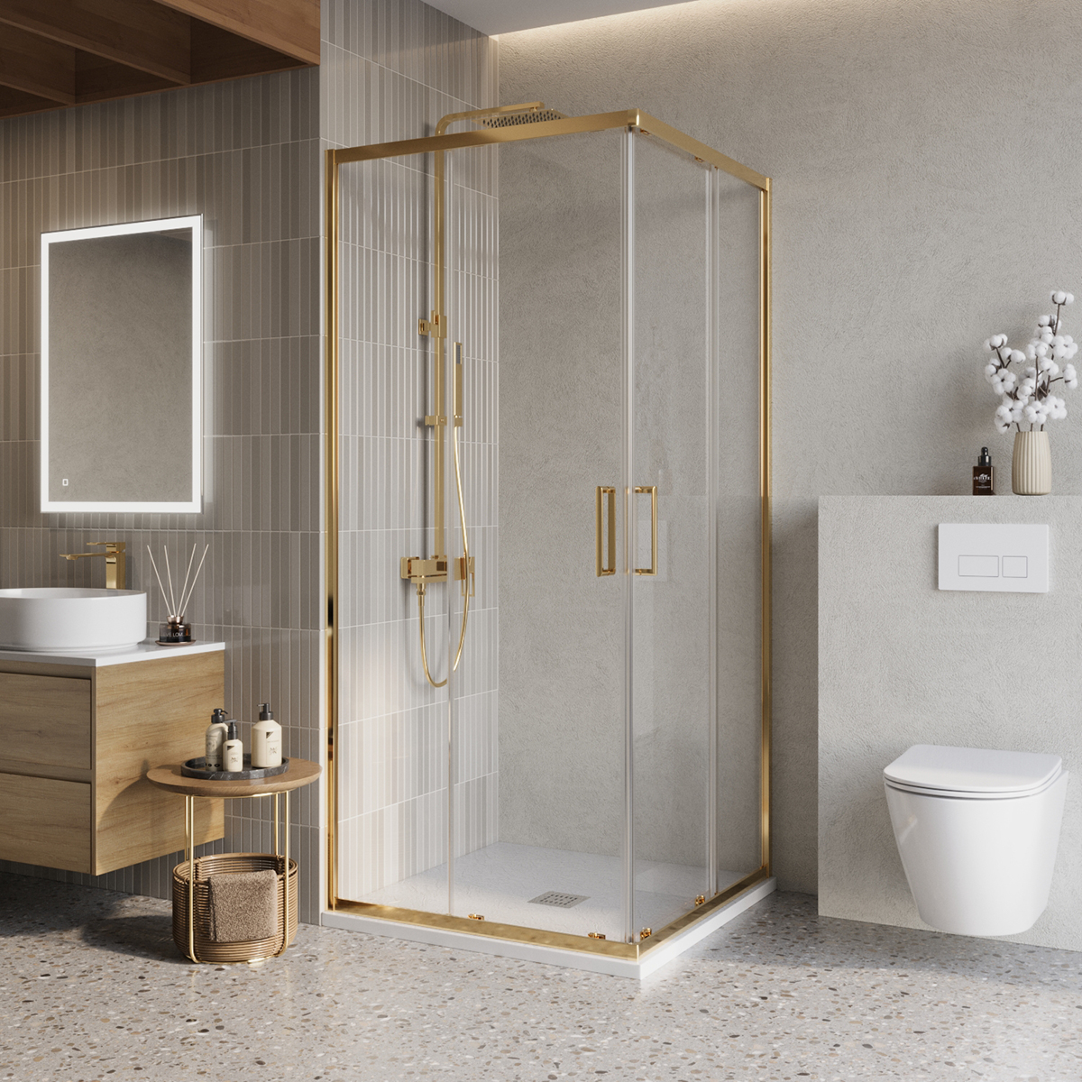 Душевой уголок BelBagno LUCE-A-2-90-C-ORO 900*900 мм (золото/прозрачное)