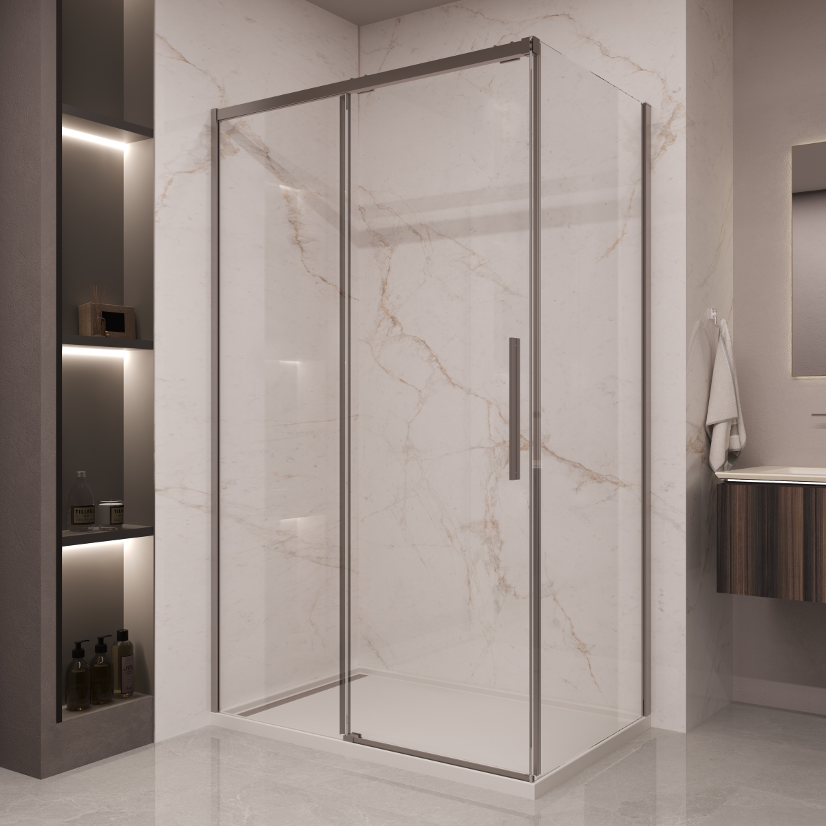 Душевой уголок Vincea Stella VSR-1ST1014CLGM 1400*1000 мм (вороненая сталь/прозрачное)